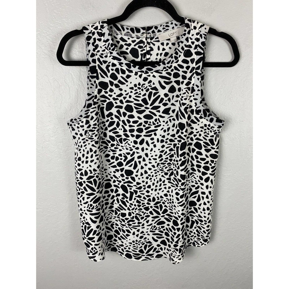 LOFT Size SMALL White Black Sleeveless Tank Blouse Animal Print Flowy Career